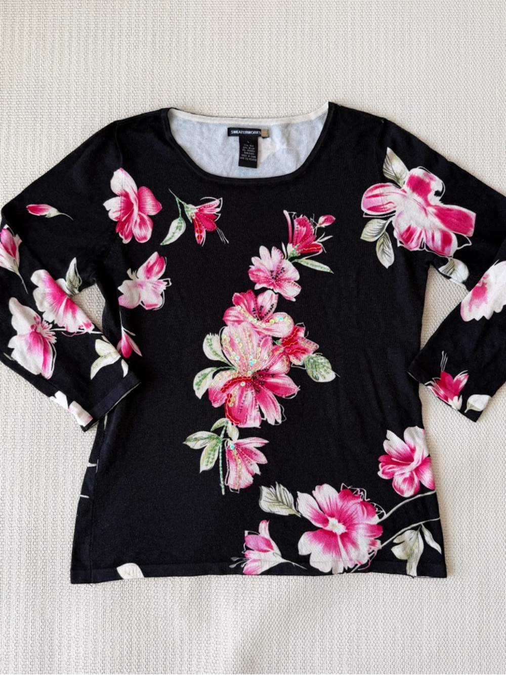Silk Y2K Black Funky Print Floral Sequin Sparkly 3/4 Sleeve Long Sleeve Top
